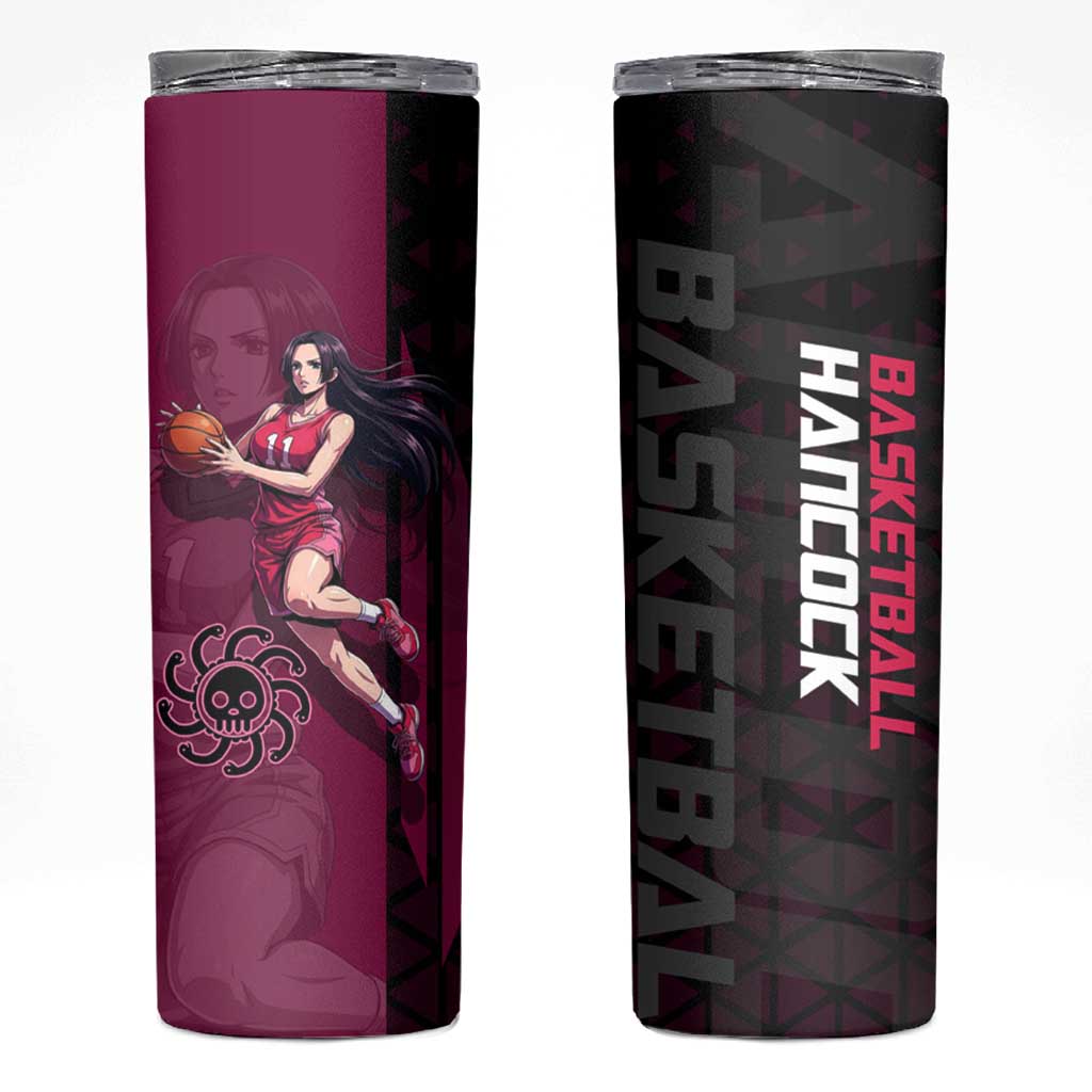 Boa Hancock One Piece Basketball Theme Maroon and Black Design Skinny Tumbler with Serpent Emblem and Dynamic Pose - The Mazicc