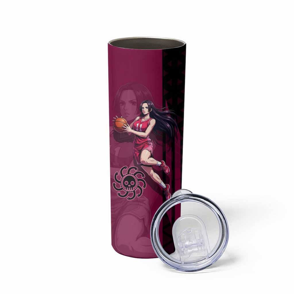 Boa Hancock One Piece Basketball Theme Maroon and Black Design Skinny Tumbler with Serpent Emblem and Dynamic Pose - The Mazicc