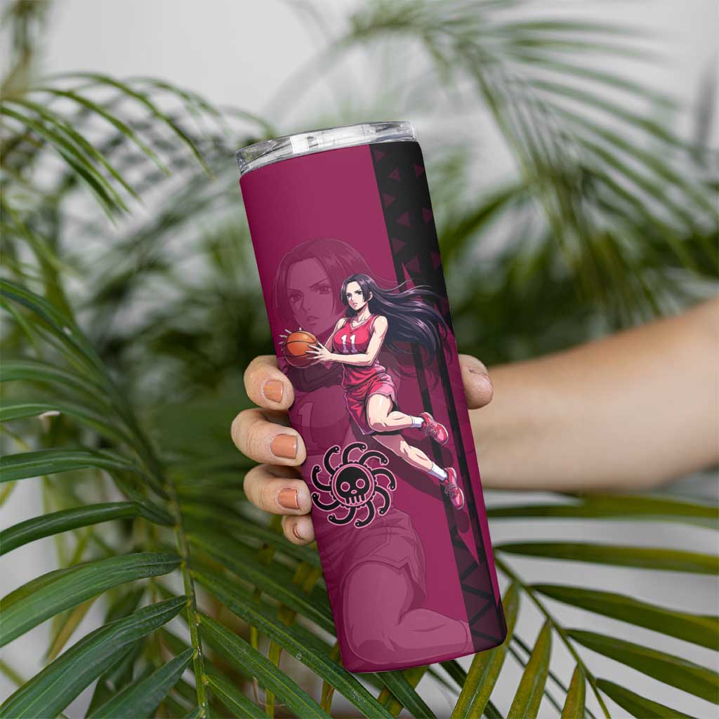 Boa Hancock One Piece Basketball Theme Maroon and Black Design Skinny Tumbler with Serpent Emblem and Dynamic Pose - The Mazicc