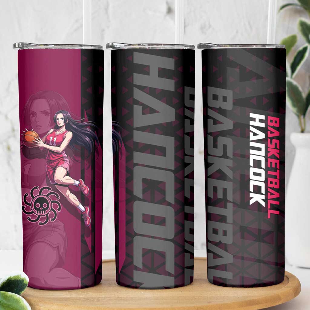 Boa Hancock One Piece Basketball Theme Maroon and Black Design Skinny Tumbler with Serpent Emblem and Dynamic Pose - The Mazicc