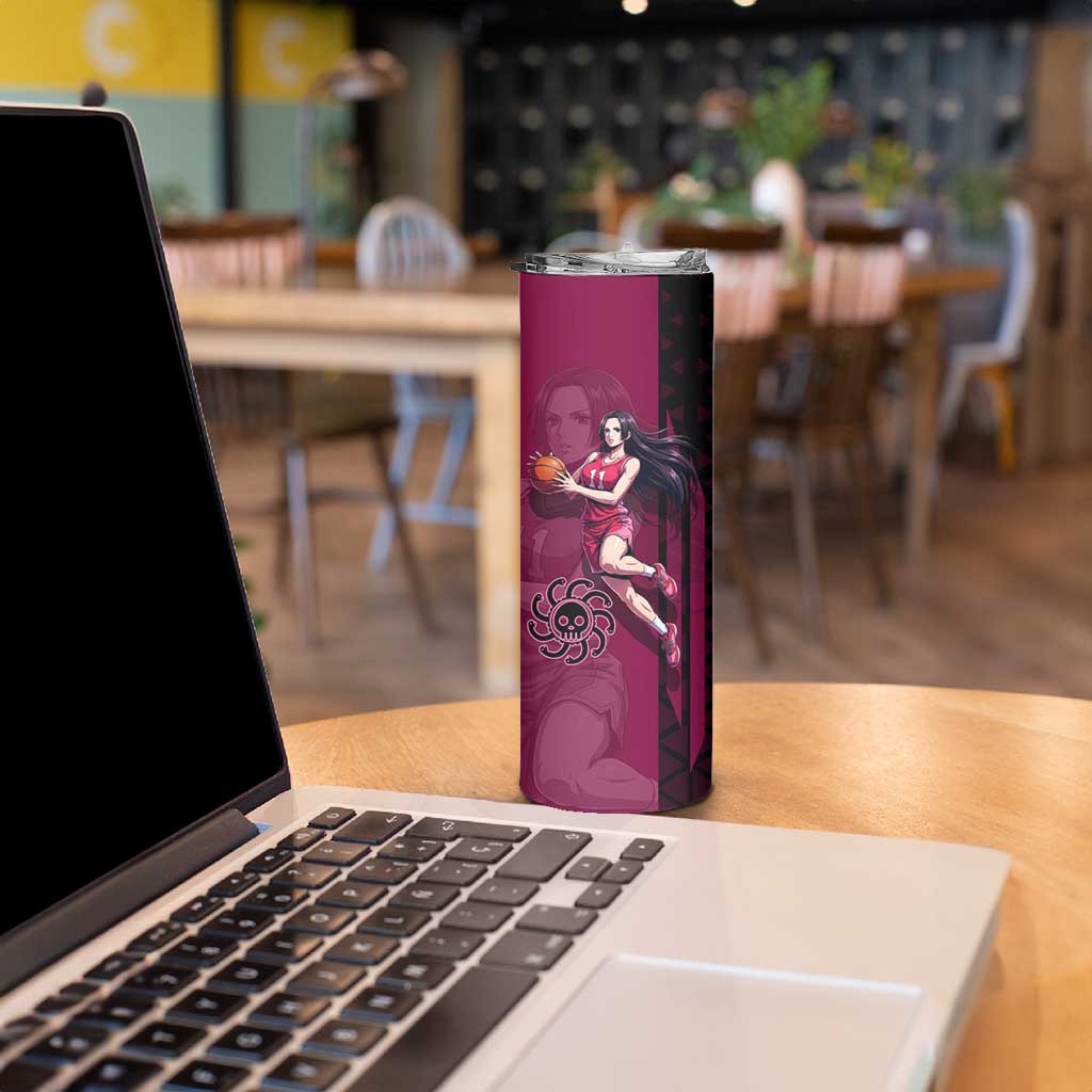 Boa Hancock One Piece Basketball Theme Maroon and Black Design Skinny Tumbler with Serpent Emblem and Dynamic Pose - The Mazicc