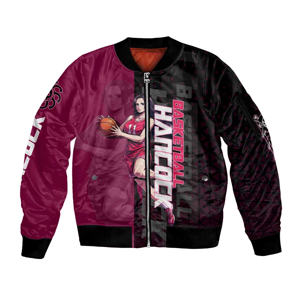 Boa Hancock One Piece Basketball Theme Maroon and Black Design Sleeve Zip Bomber Jacket with Serpent Emblem and Dynamic Pose - The Mazicc