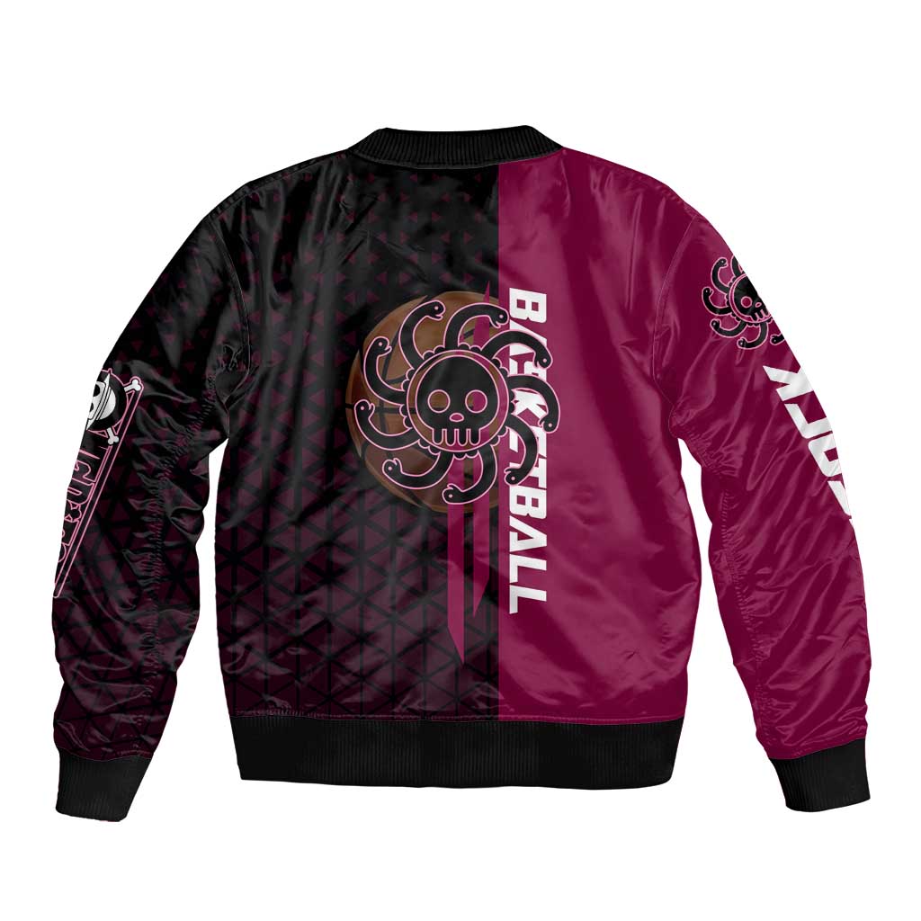 Boa Hancock One Piece Basketball Theme Maroon and Black Design Sleeve Zip Bomber Jacket with Serpent Emblem and Dynamic Pose - The Mazicc
