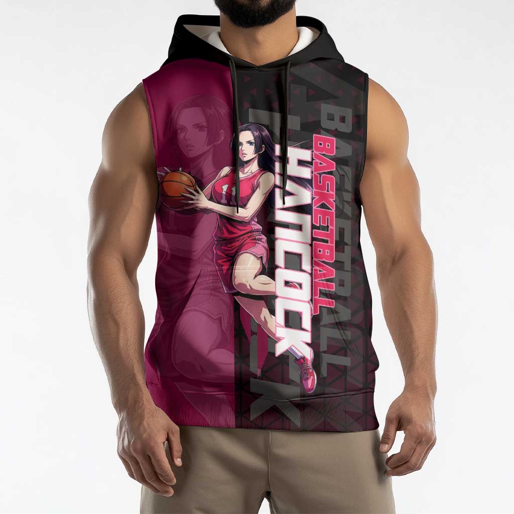 Boa Hancock One Piece Basketball Theme Maroon and Black Design Sleeveless Hoodie with Serpent Emblem and Dynamic Pose - The Mazicc