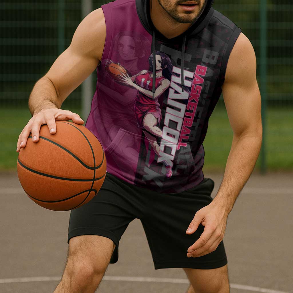 Boa Hancock One Piece Basketball Theme Maroon and Black Design Sleeveless Hoodie with Serpent Emblem and Dynamic Pose - The Mazicc