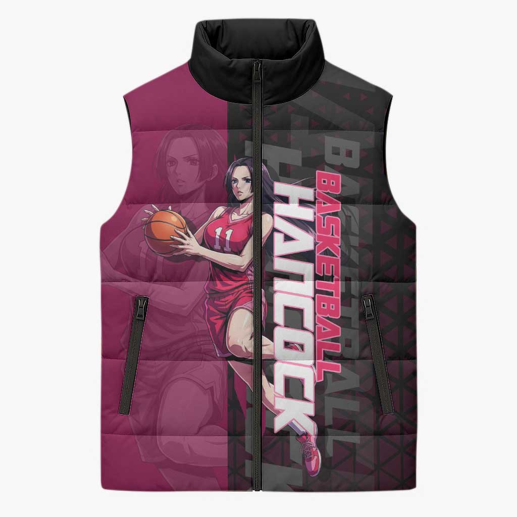 Boa Hancock One Piece Basketball Theme Maroon and Black Design Sleeveless Puffer Jacket with Serpent Emblem and Dynamic Pose - The Mazicc