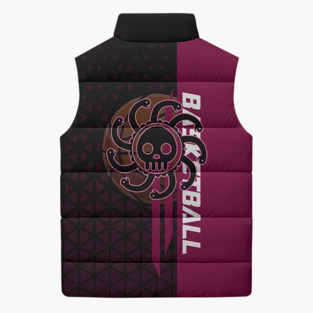 Boa Hancock One Piece Basketball Theme Maroon and Black Design Sleeveless Puffer Jacket with Serpent Emblem and Dynamic Pose - The Mazicc
