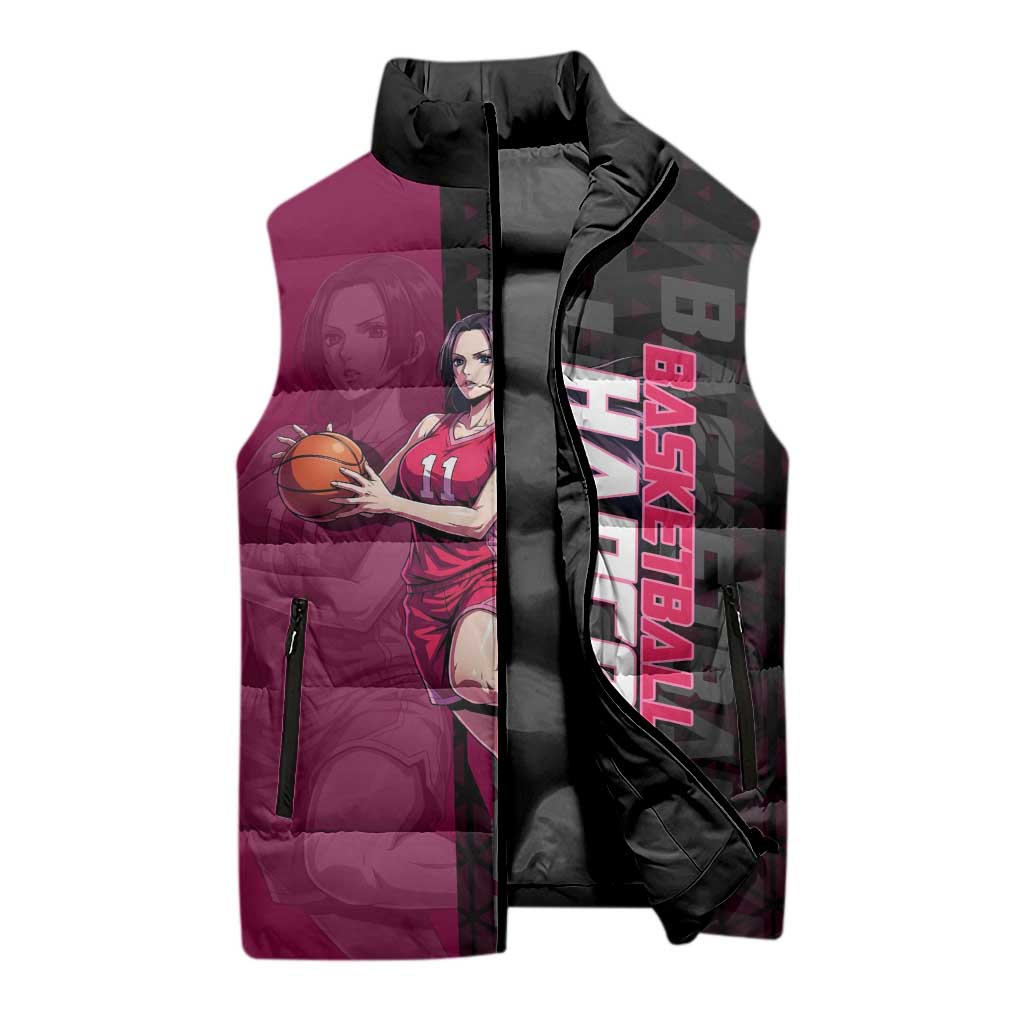 Boa Hancock One Piece Basketball Theme Maroon and Black Design Sleeveless Puffer Jacket with Serpent Emblem and Dynamic Pose - The Mazicc