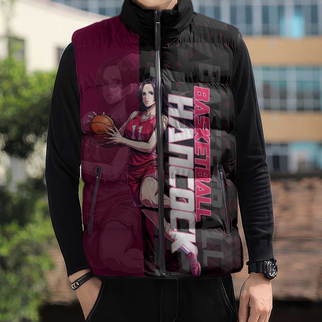Boa Hancock One Piece Basketball Theme Maroon and Black Design Sleeveless Puffer Jacket with Serpent Emblem and Dynamic Pose - The Mazicc