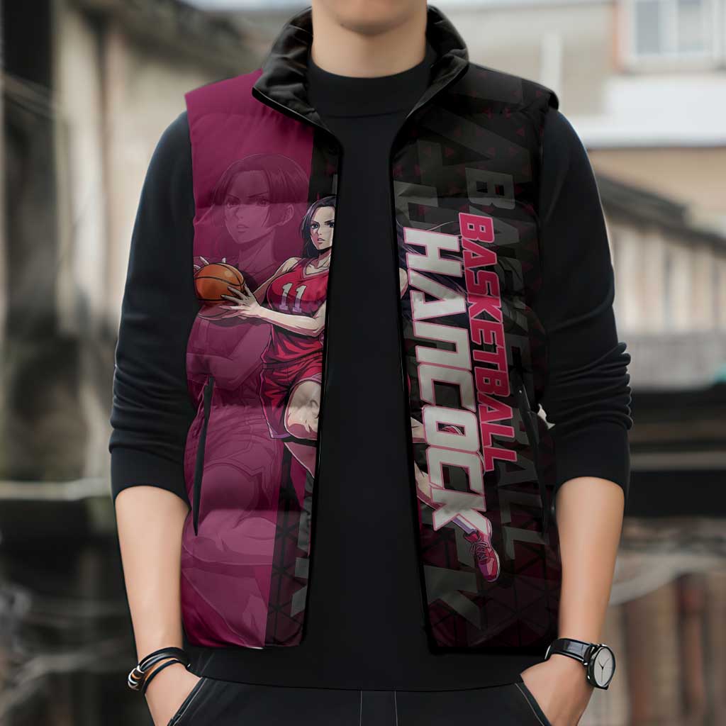 Boa Hancock One Piece Basketball Theme Maroon and Black Design Sleeveless Puffer Jacket with Serpent Emblem and Dynamic Pose - The Mazicc