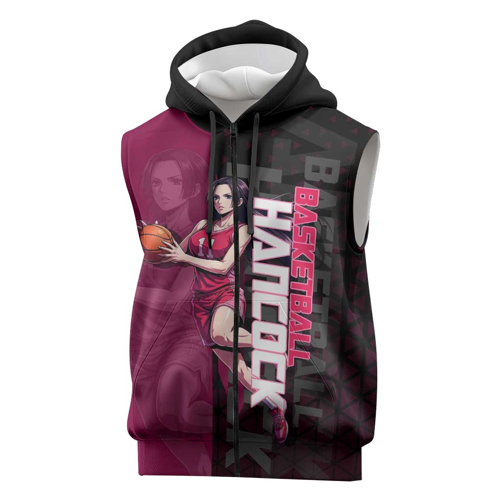 Boa Hancock One Piece Basketball Theme Maroon and Black Design Sleeveless Zip Hoodie with Serpent Emblem and Dynamic Pose - The Mazicc