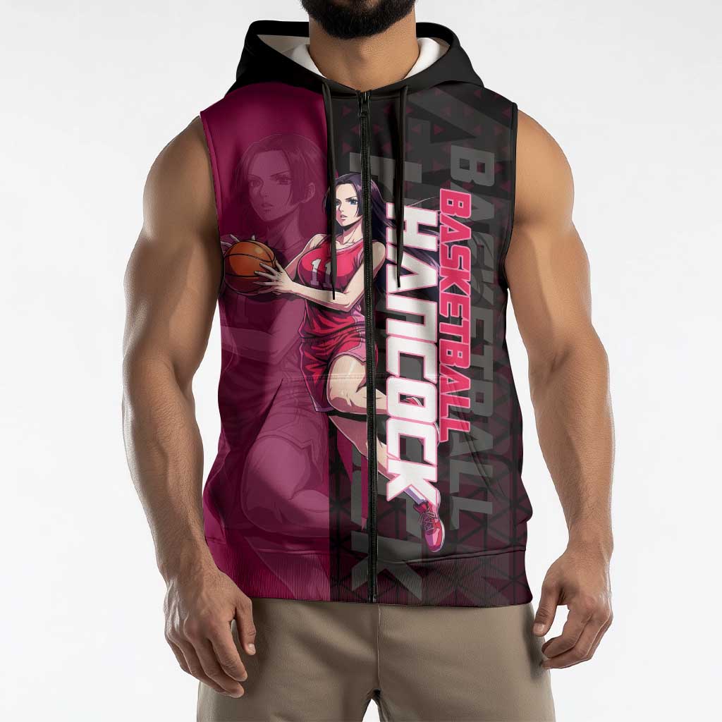 Boa Hancock One Piece Basketball Theme Maroon and Black Design Sleeveless Zip Hoodie with Serpent Emblem and Dynamic Pose - The Mazicc