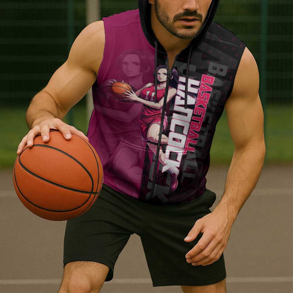 Boa Hancock One Piece Basketball Theme Maroon and Black Design Sleeveless Zip Hoodie with Serpent Emblem and Dynamic Pose - The Mazicc