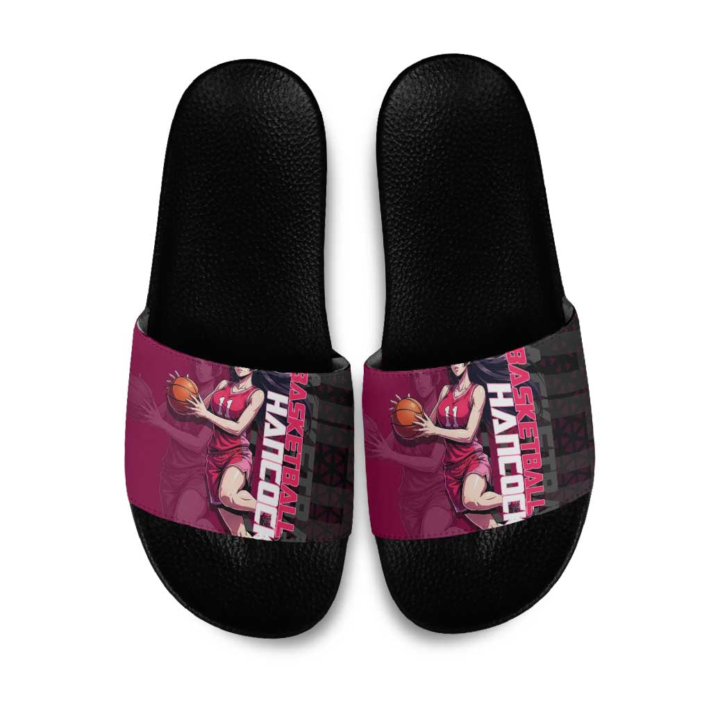 Boa Hancock One Piece Basketball Theme Maroon and Black Design Slide Sandals with Serpent Emblem and Dynamic Pose - The Mazicc