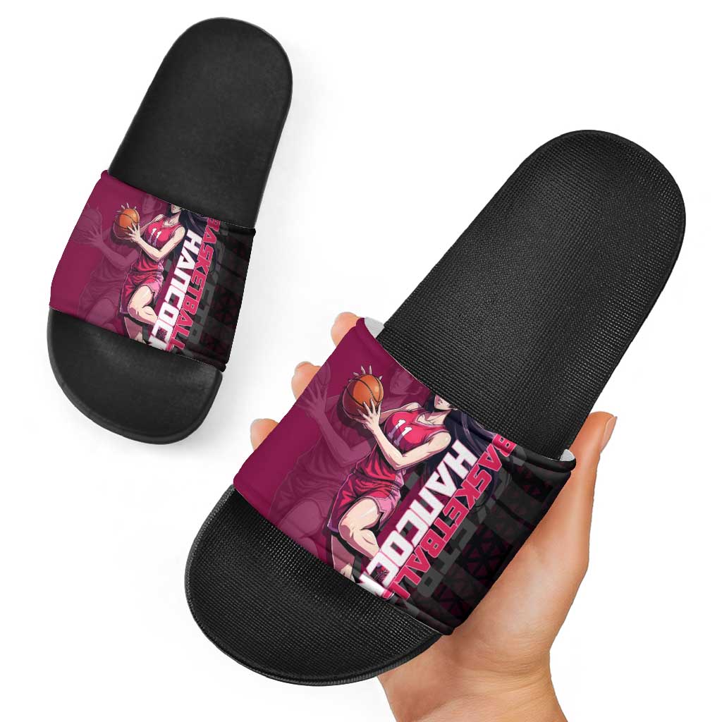 Boa Hancock One Piece Basketball Theme Maroon and Black Design Slide Sandals with Serpent Emblem and Dynamic Pose - The Mazicc