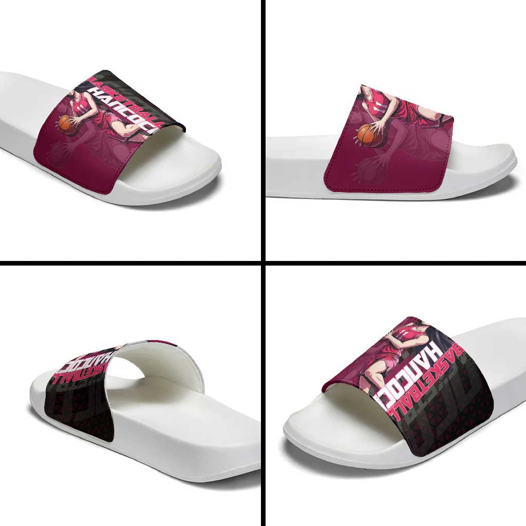 Boa Hancock One Piece Basketball Theme Maroon and Black Design Slide Sandals with Serpent Emblem and Dynamic Pose - The Mazicc