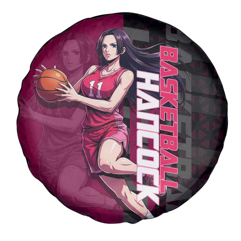 Boa Hancock One Piece Basketball Theme Maroon and Black Design Spare Tire Cover with Serpent Emblem and Dynamic Pose - The Mazicc