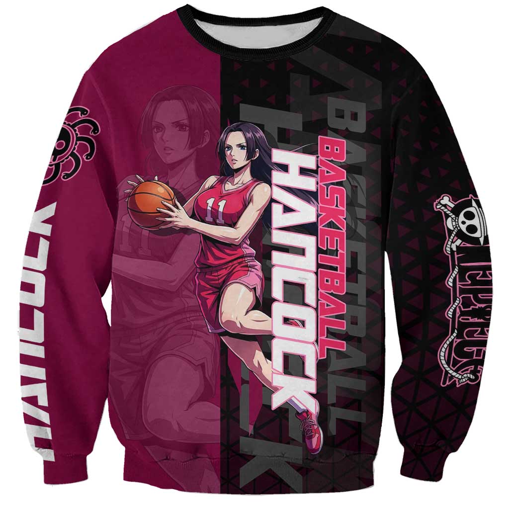 Boa Hancock One Piece Basketball Theme Maroon and Black Design Sweatshirt with Serpent Emblem and Dynamic Pose - The Mazicc
