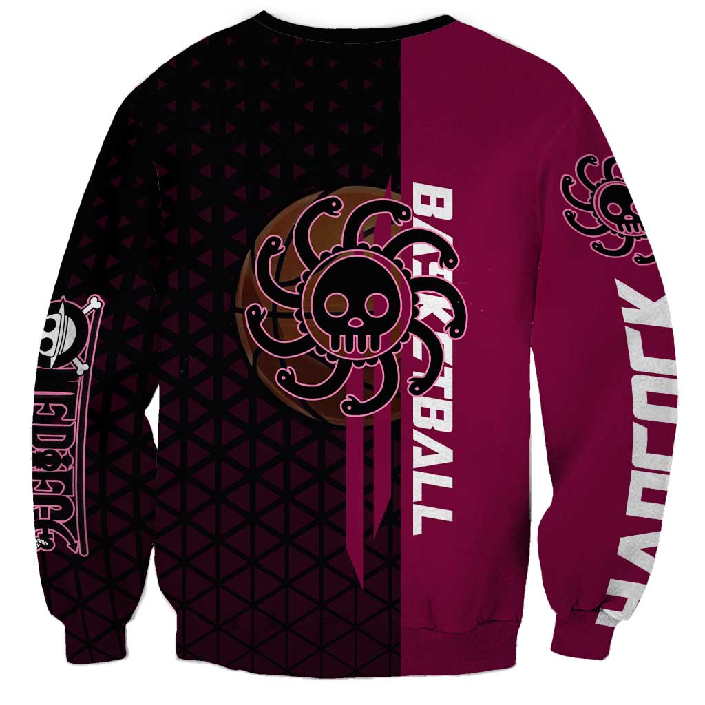 Boa Hancock One Piece Basketball Theme Maroon and Black Design Sweatshirt with Serpent Emblem and Dynamic Pose - The Mazicc
