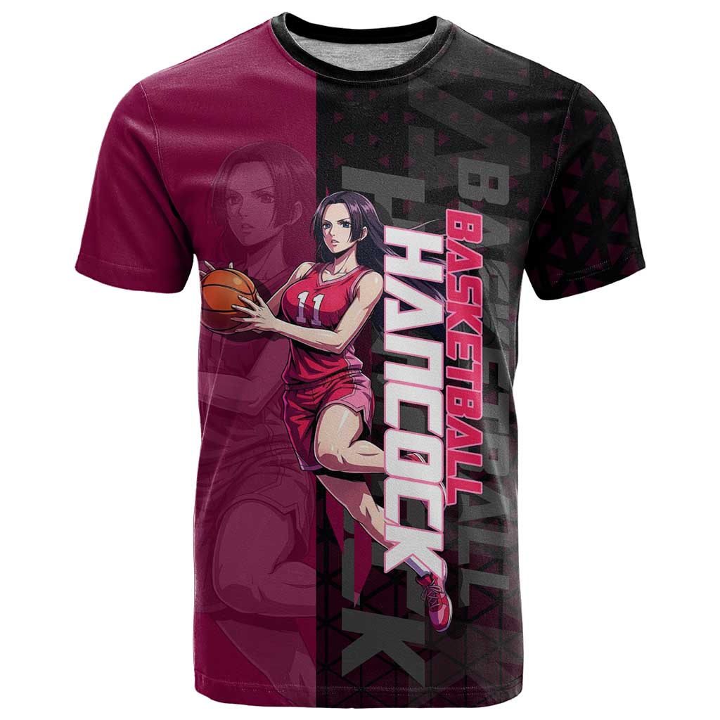 Boa Hancock One Piece Basketball Theme Maroon and Black Design T Shirt with Serpent Emblem and Dynamic Pose - The Mazicc