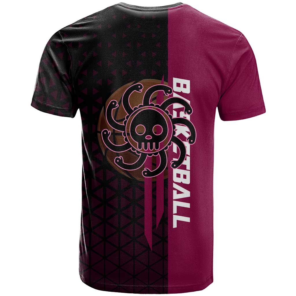 Boa Hancock One Piece Basketball Theme Maroon and Black Design T Shirt with Serpent Emblem and Dynamic Pose - The Mazicc