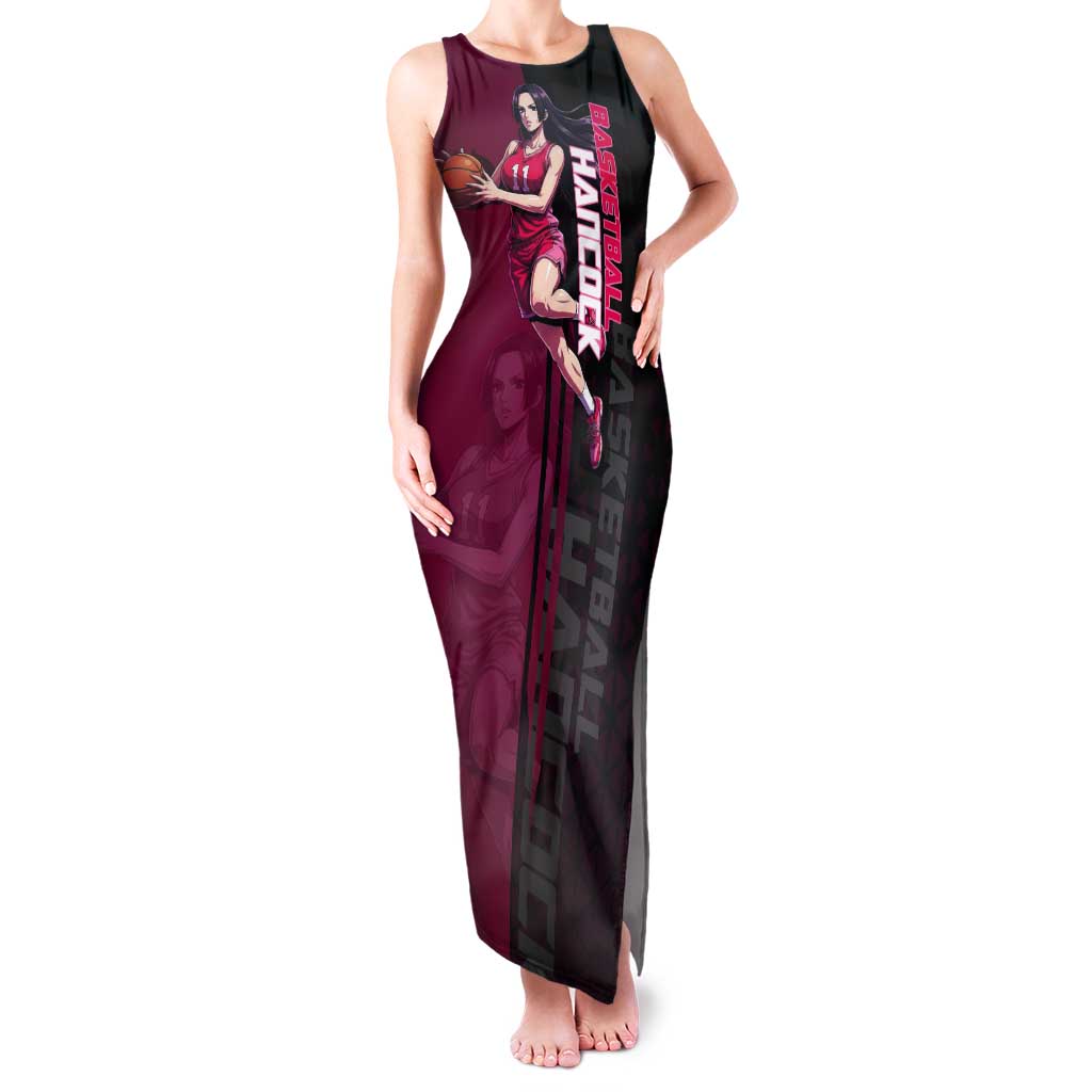 Boa Hancock One Piece Basketball Theme Maroon and Black Design Tank Maxi Dress with Serpent Emblem and Dynamic Pose - The Mazicc