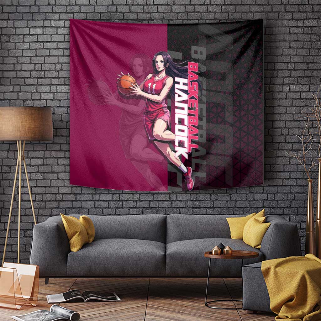 Boa Hancock One Piece Basketball Theme Maroon and Black Design Tapestry with Serpent Emblem and Dynamic Pose - The Mazicc