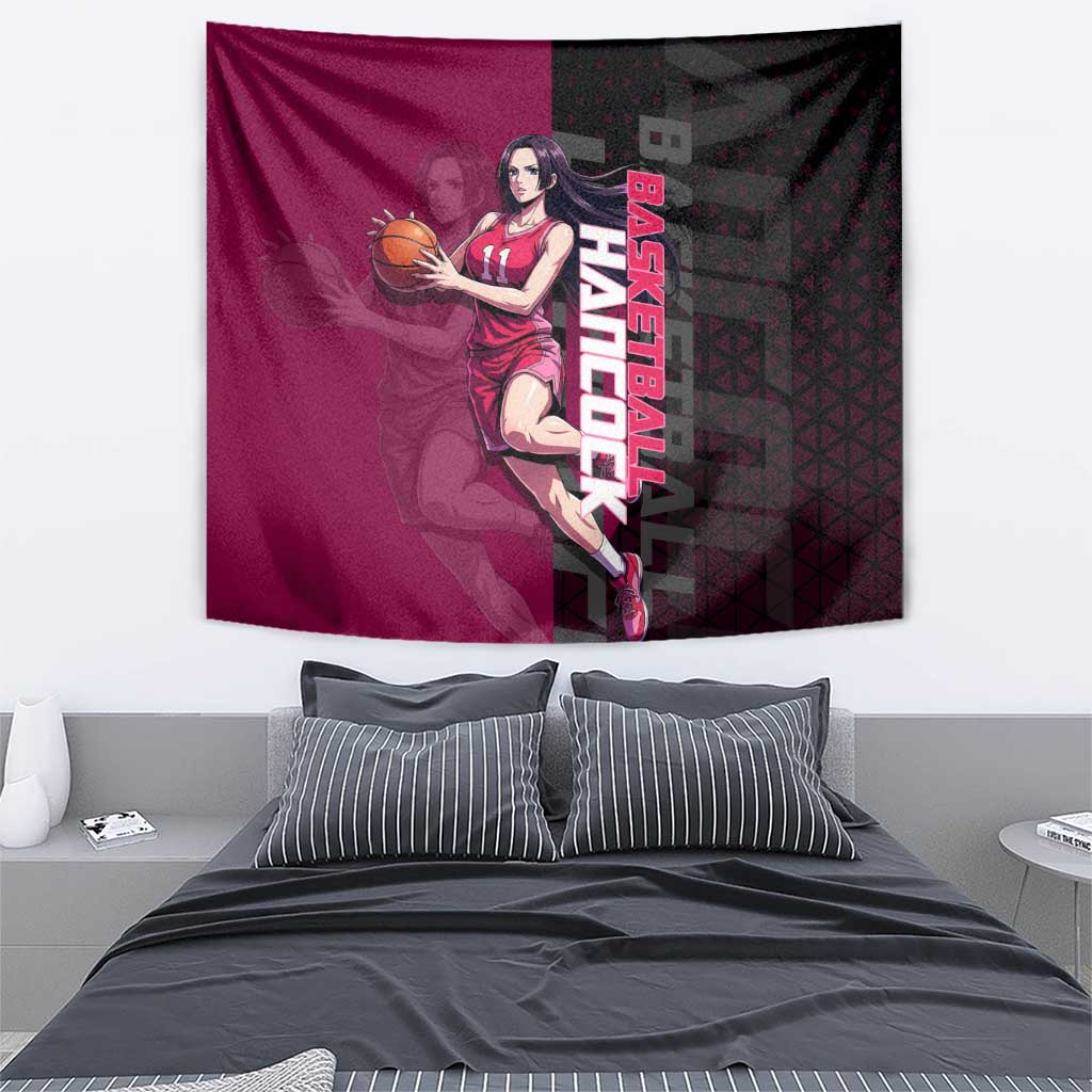 Boa Hancock One Piece Basketball Theme Maroon and Black Design Tapestry with Serpent Emblem and Dynamic Pose - The Mazicc