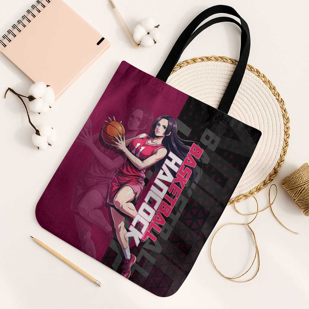 Boa Hancock One Piece Basketball Theme Maroon and Black Design Tote Bag with Serpent Emblem and Dynamic Pose - The Mazicc