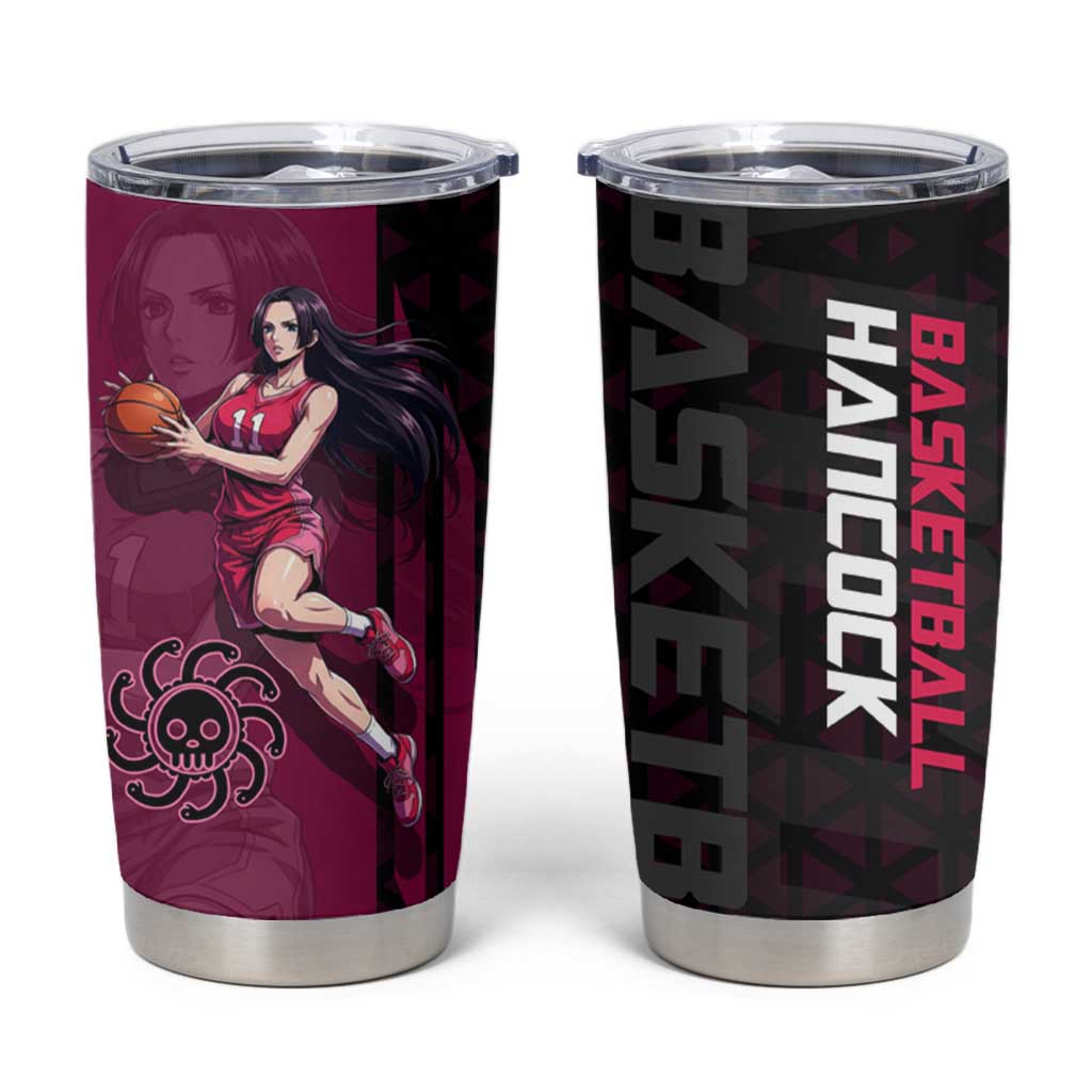 Boa Hancock One Piece Basketball Theme Maroon and Black Design Tumbler Cup with Serpent Emblem and Dynamic Pose - The Mazicc