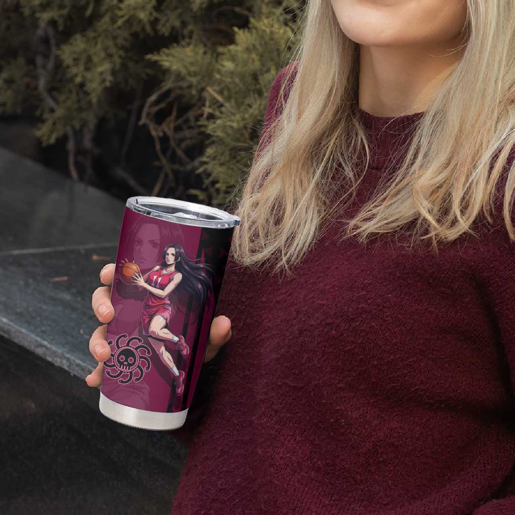 Boa Hancock One Piece Basketball Theme Maroon and Black Design Tumbler Cup with Serpent Emblem and Dynamic Pose - The Mazicc