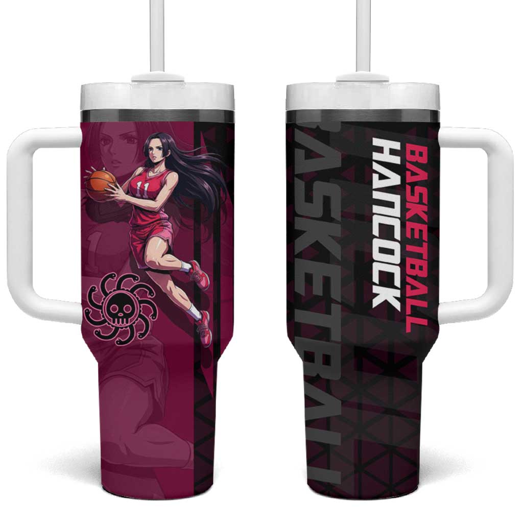 Boa Hancock One Piece Basketball Theme Maroon and Black Design Tumbler With Handle with Serpent Emblem and Dynamic Pose - The Mazicc