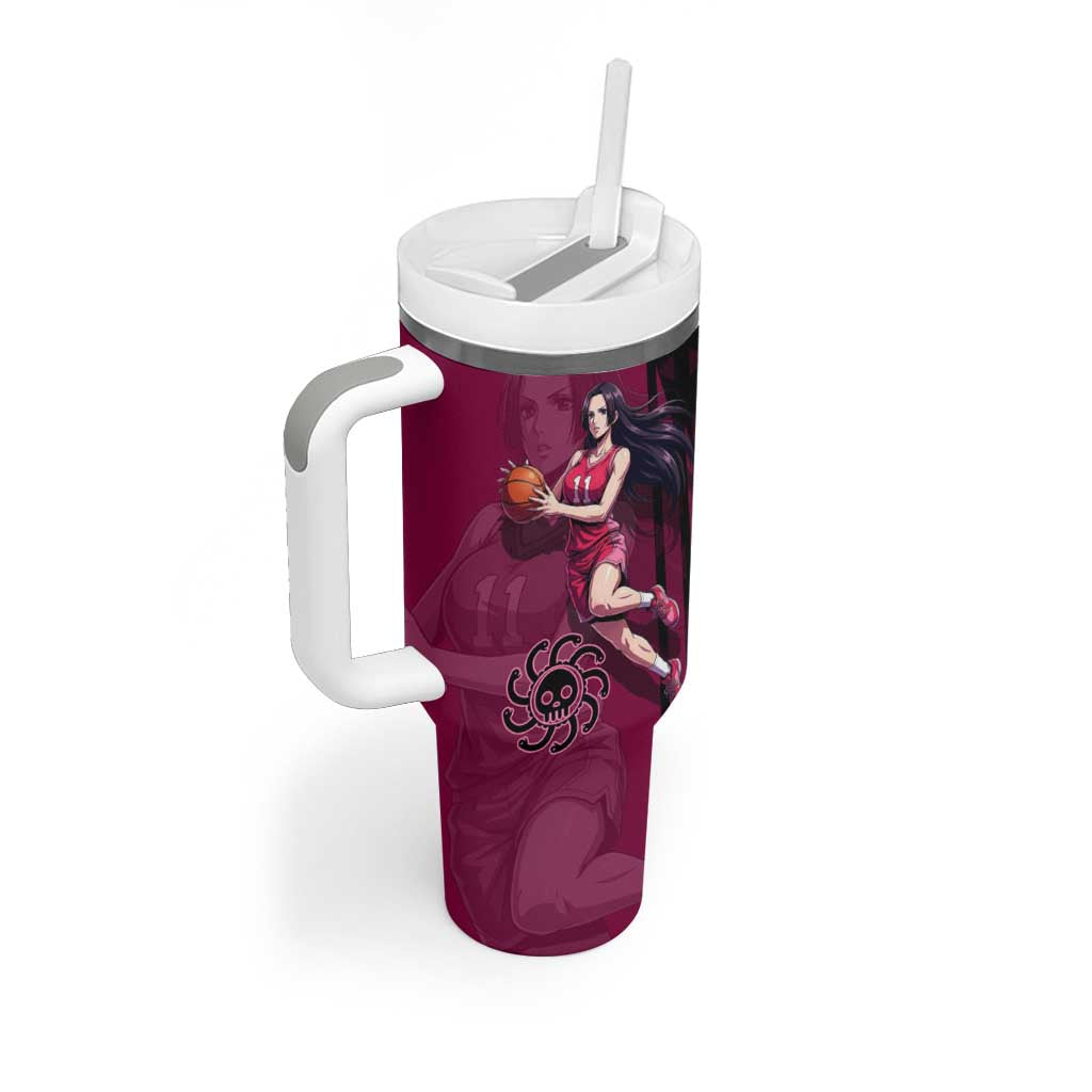 Boa Hancock One Piece Basketball Theme Maroon and Black Design Tumbler With Handle with Serpent Emblem and Dynamic Pose - The Mazicc