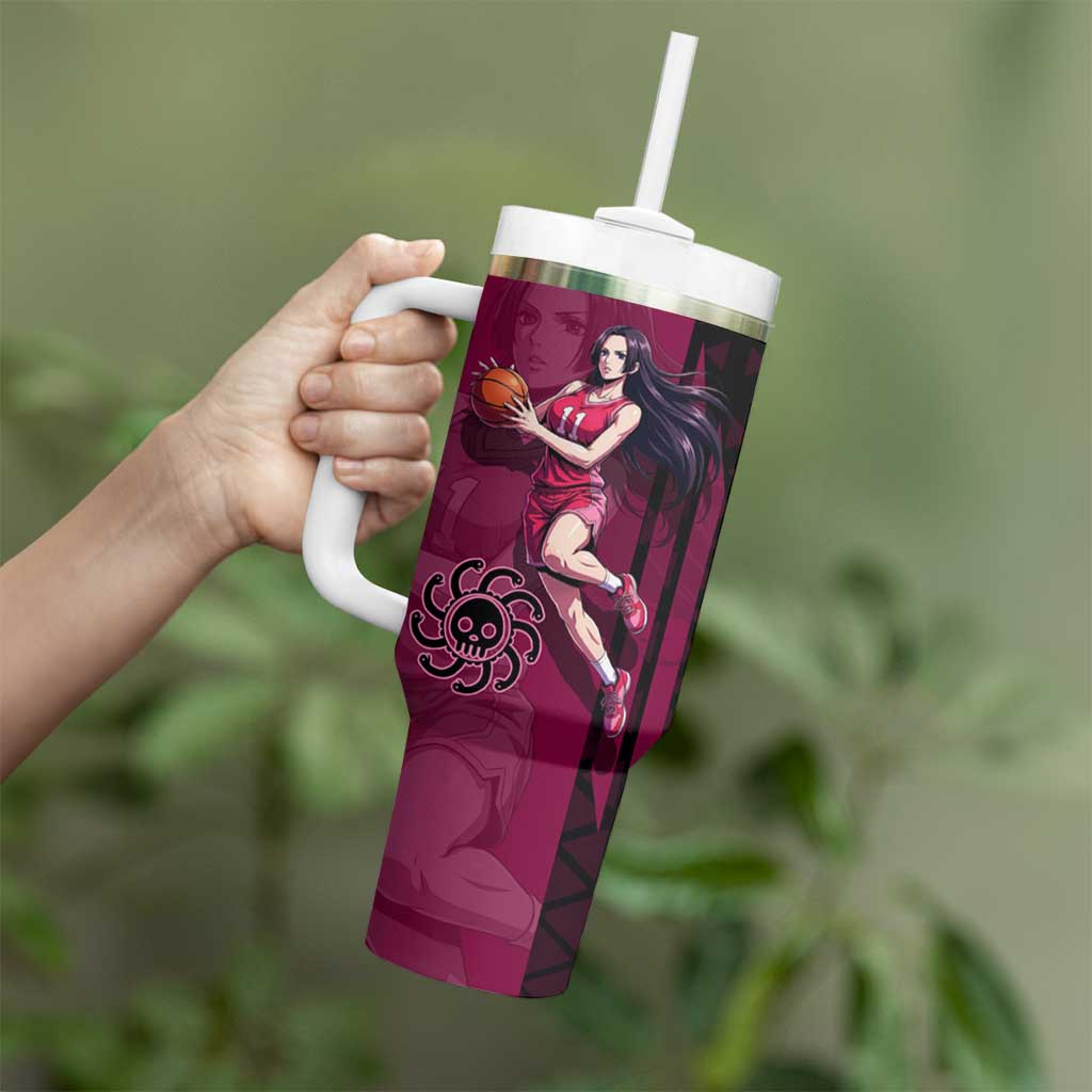 Boa Hancock One Piece Basketball Theme Maroon and Black Design Tumbler With Handle with Serpent Emblem and Dynamic Pose - The Mazicc