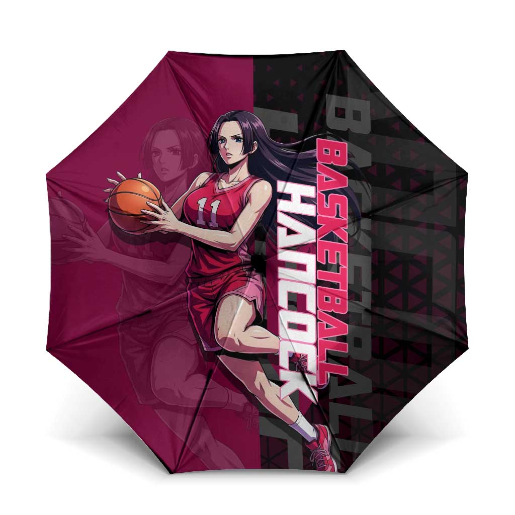 Boa Hancock One Piece Basketball Theme Maroon and Black Design Umbrella with Serpent Emblem and Dynamic Pose - The Mazicc