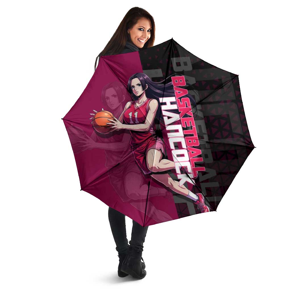 Boa Hancock One Piece Basketball Theme Maroon and Black Design Umbrella with Serpent Emblem and Dynamic Pose - The Mazicc