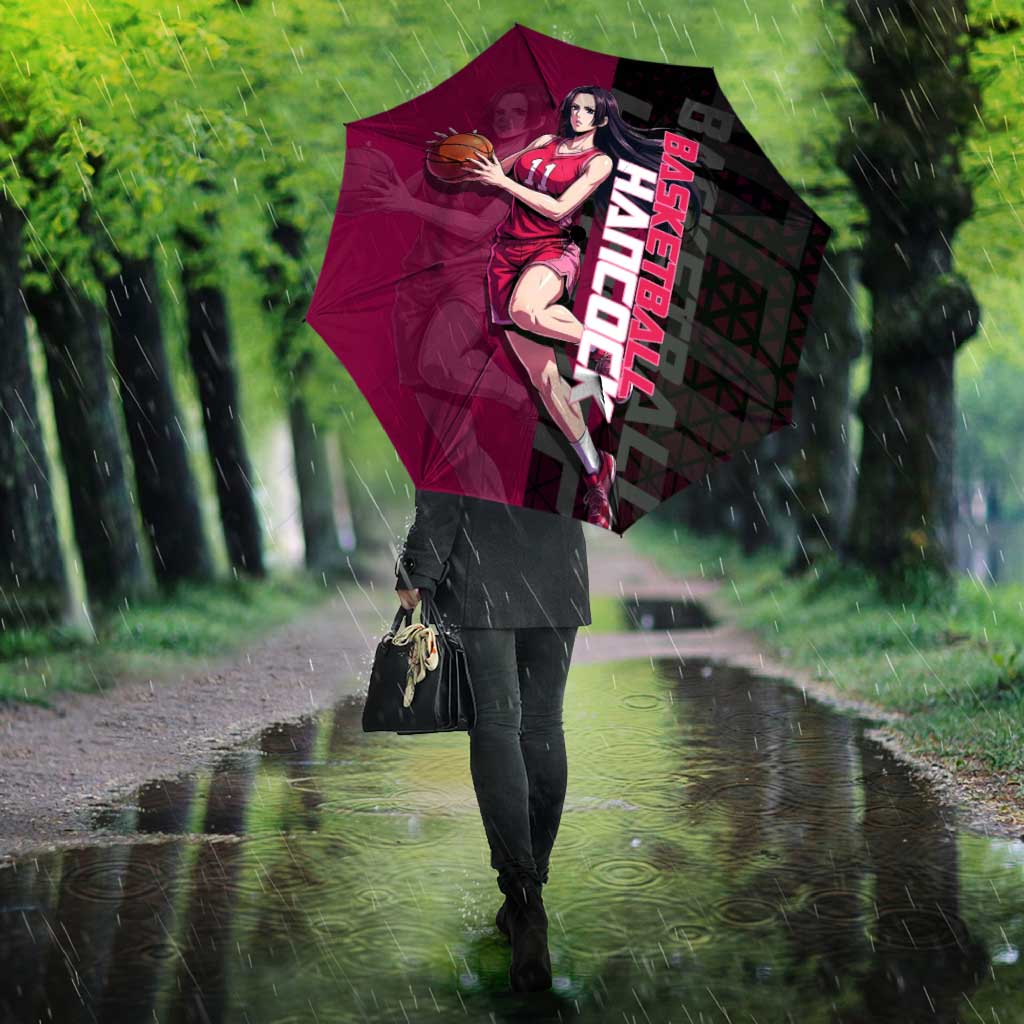 Boa Hancock One Piece Basketball Theme Maroon and Black Design Umbrella with Serpent Emblem and Dynamic Pose - The Mazicc