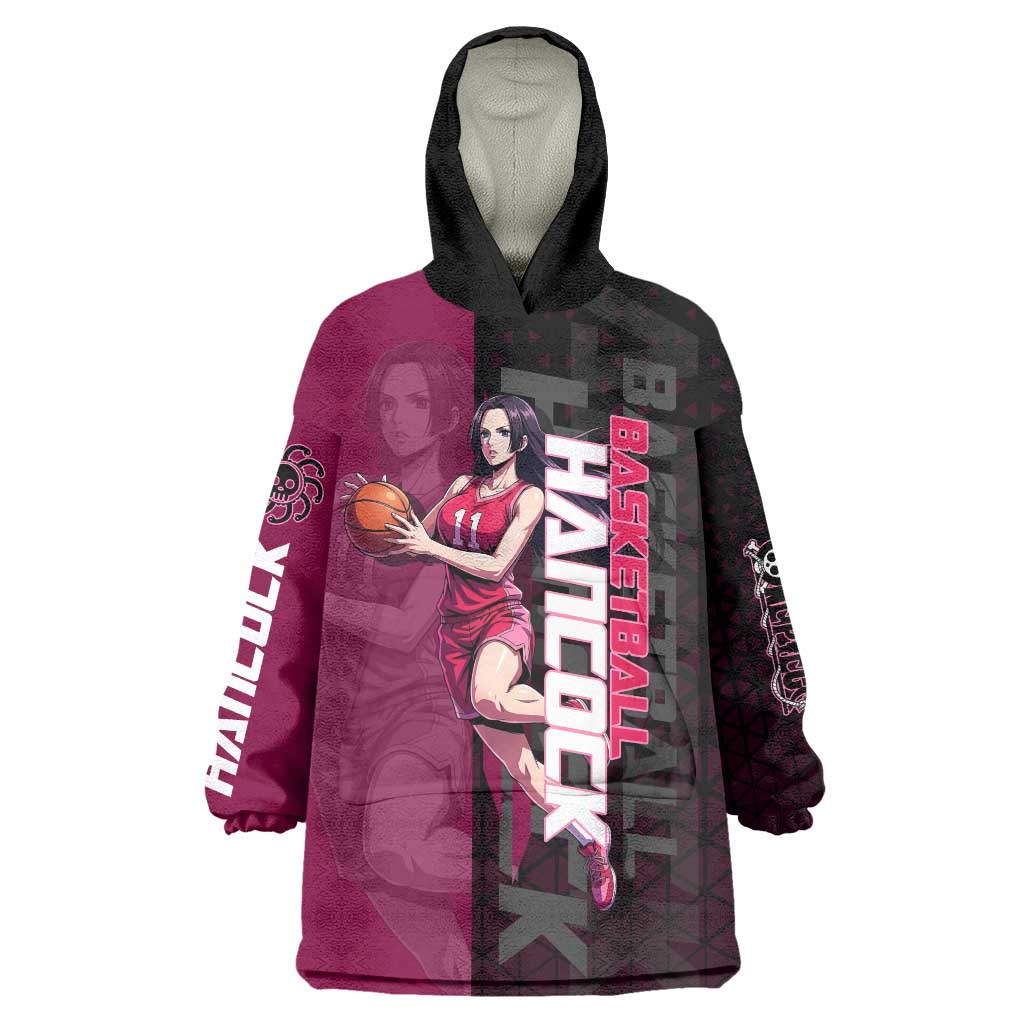 Boa Hancock One Piece Basketball Theme Maroon and Black Design Wearable Blanket Hoodie with Serpent Emblem and Dynamic Pose - The Mazicc