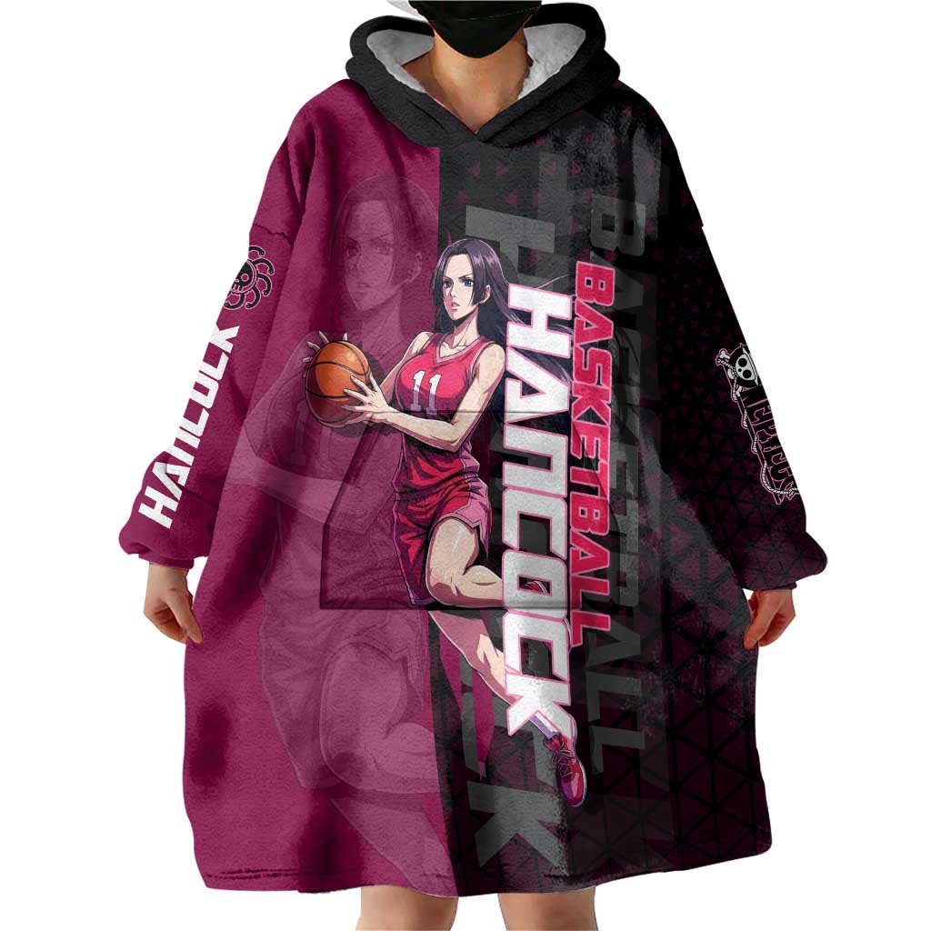 Boa Hancock One Piece Basketball Theme Maroon and Black Design Wearable Blanket Hoodie with Serpent Emblem and Dynamic Pose - The Mazicc