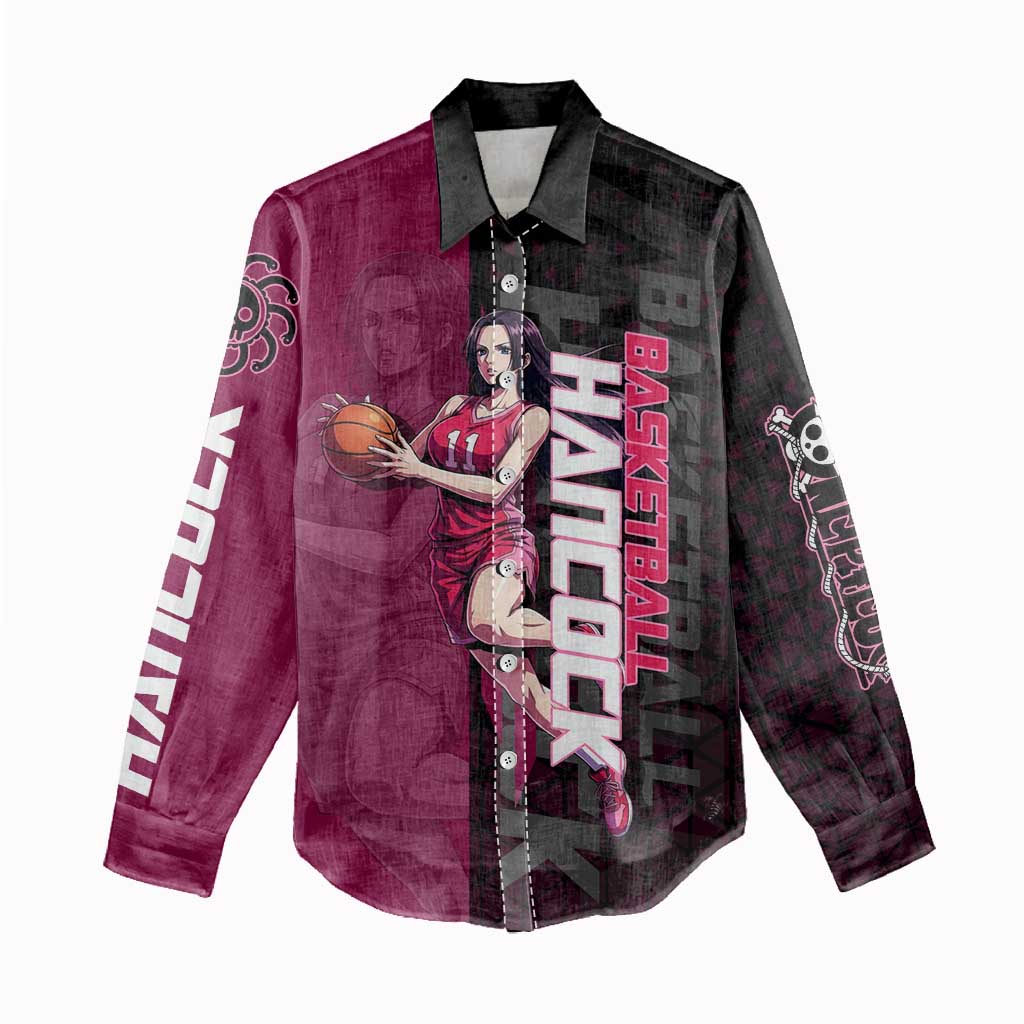 Boa Hancock One Piece Basketball Theme Maroon and Black Design Women Casual Shirt with Serpent Emblem and Dynamic Pose - The Mazicc