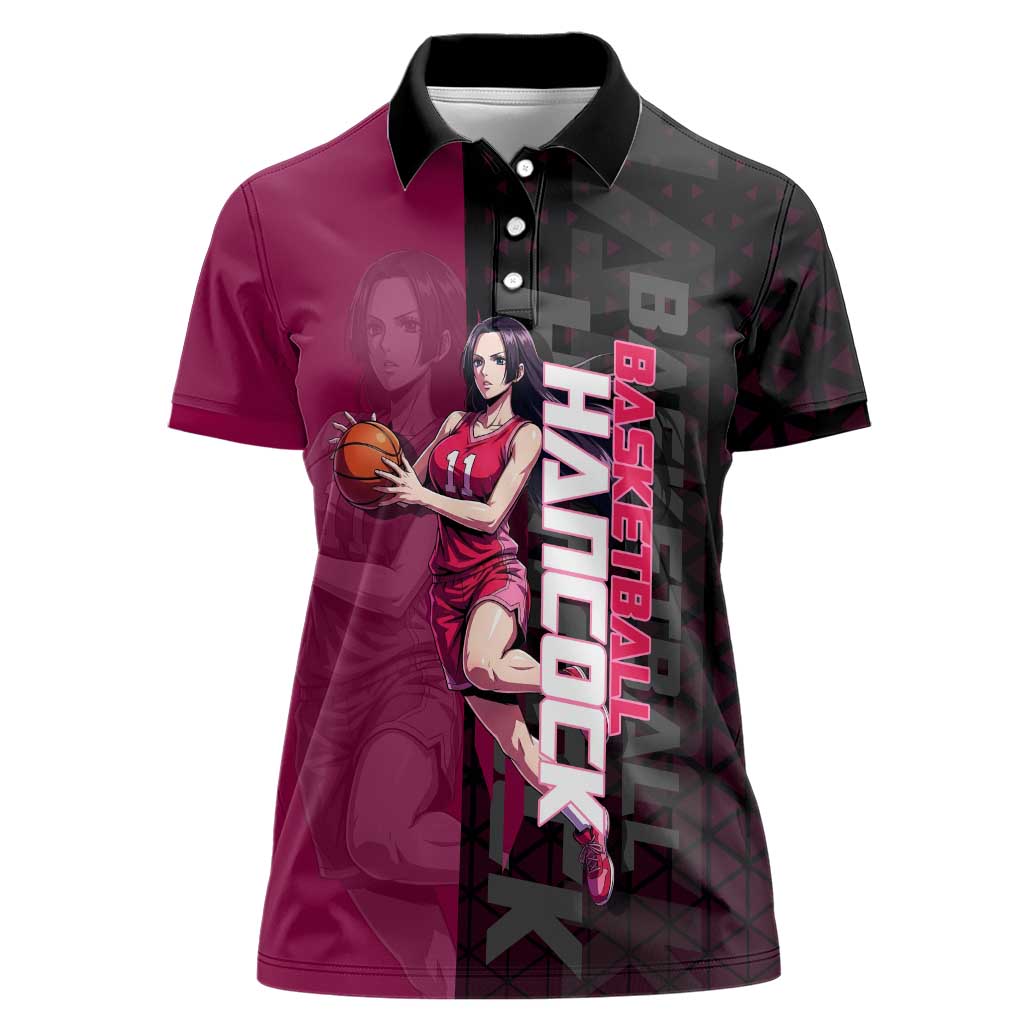Boa Hancock One Piece Basketball Theme Maroon and Black Design Women Polo Shirt with Serpent Emblem and Dynamic Pose - The Mazicc