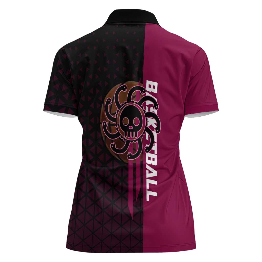 Boa Hancock One Piece Basketball Theme Maroon and Black Design Women Polo Shirt with Serpent Emblem and Dynamic Pose - The Mazicc