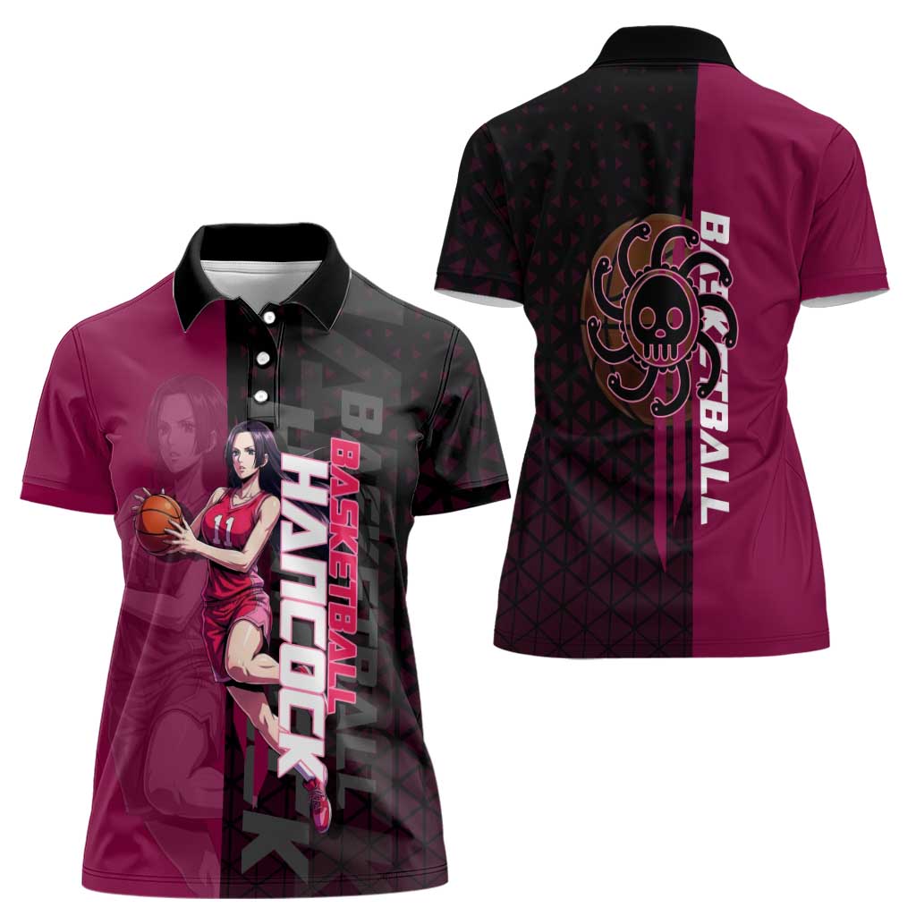 Boa Hancock One Piece Basketball Theme Maroon and Black Design Women Polo Shirt with Serpent Emblem and Dynamic Pose - The Mazicc