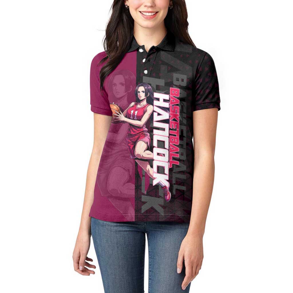 Boa Hancock One Piece Basketball Theme Maroon and Black Design Women Polo Shirt with Serpent Emblem and Dynamic Pose - The Mazicc