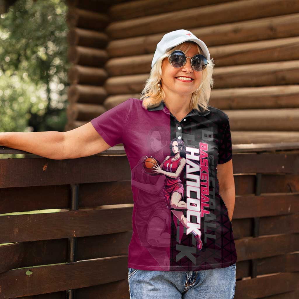 Boa Hancock One Piece Basketball Theme Maroon and Black Design Women Polo Shirt with Serpent Emblem and Dynamic Pose - The Mazicc