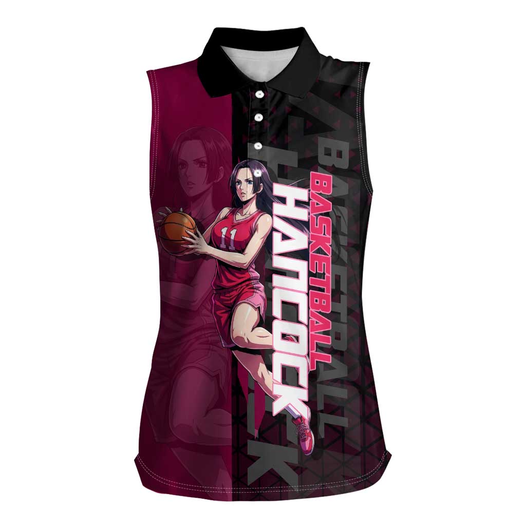 Boa Hancock One Piece Basketball Theme Maroon and Black Design Women Sleeveless Polo Shirt with Serpent Emblem and Dynamic Pose - The Mazicc
