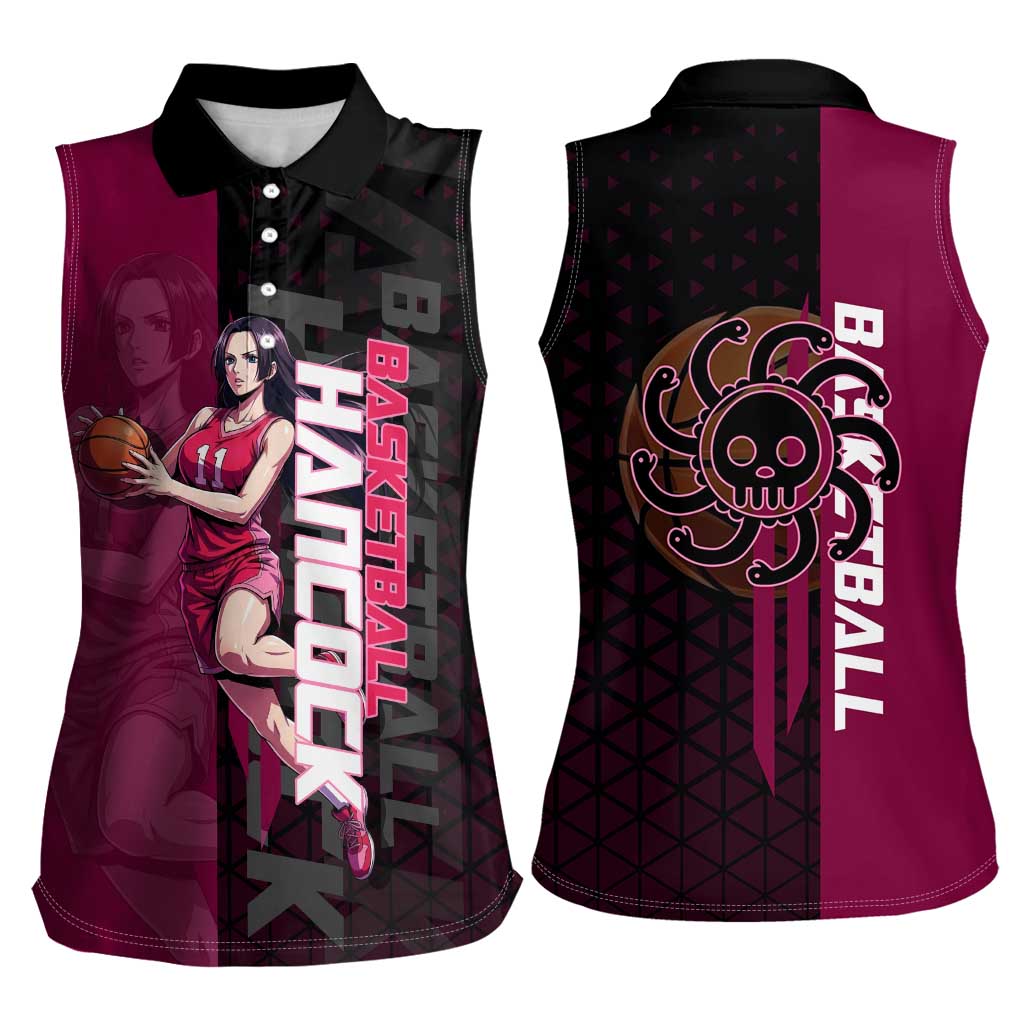 Boa Hancock One Piece Basketball Theme Maroon and Black Design Women Sleeveless Polo Shirt with Serpent Emblem and Dynamic Pose - The Mazicc