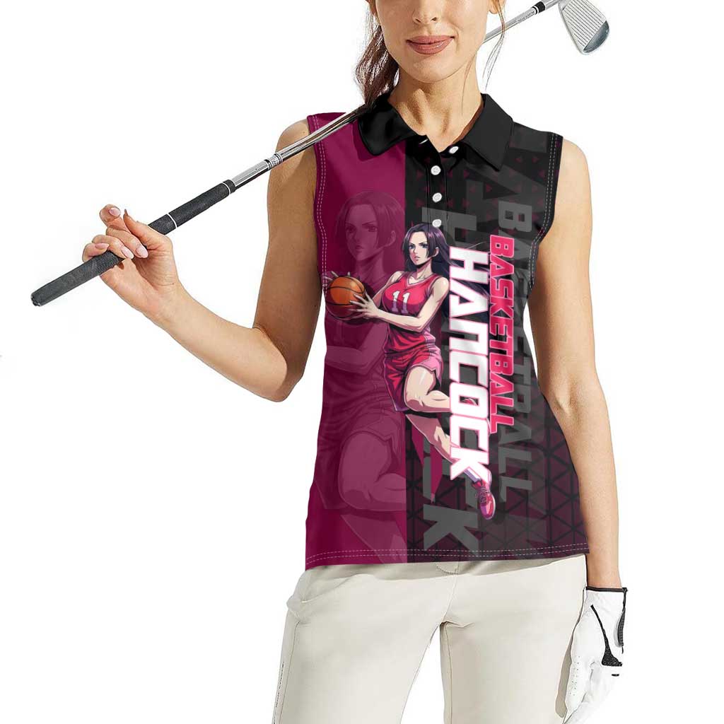 Boa Hancock One Piece Basketball Theme Maroon and Black Design Women Sleeveless Polo Shirt with Serpent Emblem and Dynamic Pose - The Mazicc