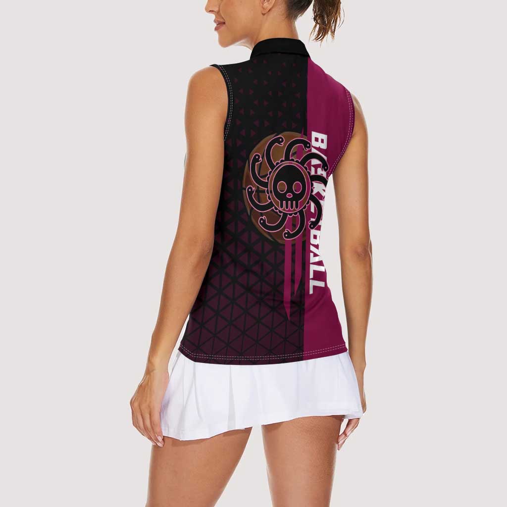 Boa Hancock One Piece Basketball Theme Maroon and Black Design Women Sleeveless Polo Shirt with Serpent Emblem and Dynamic Pose - The Mazicc