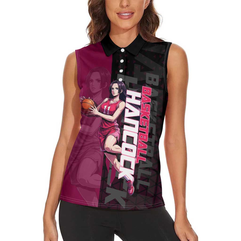 Boa Hancock One Piece Basketball Theme Maroon and Black Design Women Sleeveless Polo Shirt with Serpent Emblem and Dynamic Pose - The Mazicc